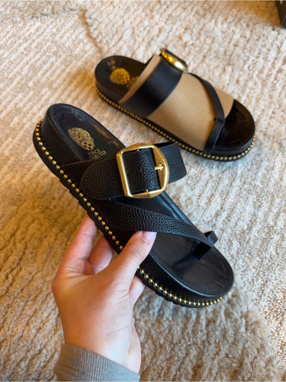 Vince Camuto Black & Tan Leather Buckle Toe-Loop Slides with Gold Stud BRAND NEW